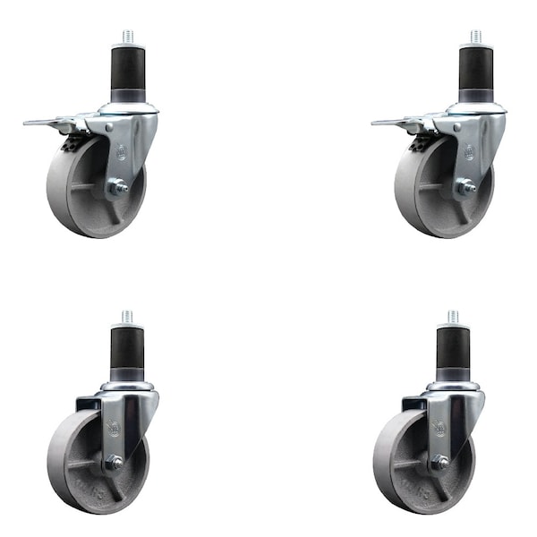 4'' Semi Steel Swivel 1-5/8'' Expanding Stem Caster Set 2 Total Lock Brakes, 4PK